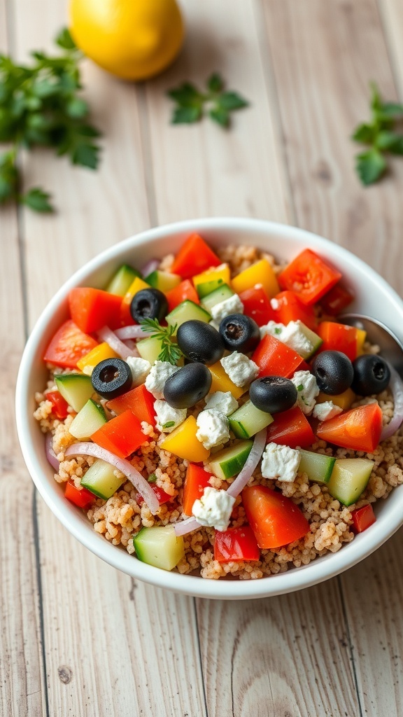 A vibrant Mediterranean quinoa bowl with cherry tomatoes, cucumbers, bell peppers, olives, and feta cheese.